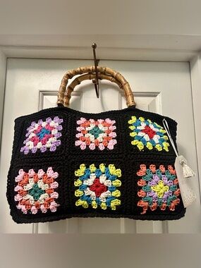 NWT Boho Crochet knitted colorful Bamboo Handle Satchel